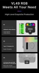 <span class=keywords><strong>VL49</strong></span> <span class=keywords><strong>ulanzi</strong></span> ไฟวิดีโอ LED สี RGB 2500K-9000K 800LUX แม่เหล็กกรอกข้อมูลขนาดเล็ก3 Cold SHOE 2000mAh ชนิด C ไฟกล้อง - Product Image 4