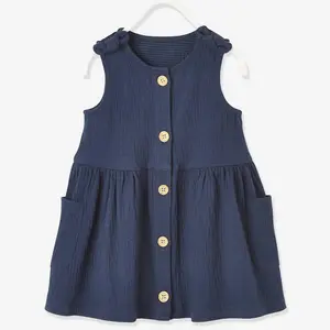 Высококачественная детская одежда, темно-синее детское платье на пуговицах с эффектом crepon