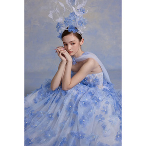 Strapless Blue Cherry Blossoms Wedding Gown Empire Waist Tulle Ball Gown Floral Print Princess Style - Product Image 2