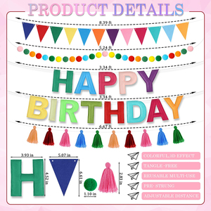 Striscione di <span class=keywords><strong>buon</strong></span> <span class=keywords><strong>compleanno</strong></span> in feltro colorato con nappe arcobaleno decorazioni di <span class=keywords><strong>compleanno</strong></span> riutilizzabili palline di feltro per decorazioni per feste - Product Image 2