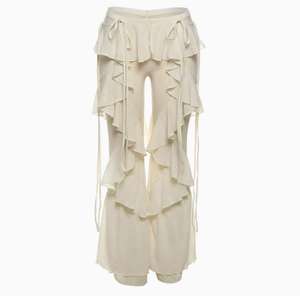 <span class=keywords><strong>Pantaloni</strong></span> Larghi Beige Autunnali, <span class=keywords><strong>Pantaloni</strong></span> <span class=keywords><strong>Leggeri</strong></span> Tinta Unita, Stile Retrò con Design a Vita Alta, <span class=keywords><strong>Pantaloni</strong></span> da <span class=keywords><strong>Donna</strong></span> con Volant - Product Image 4