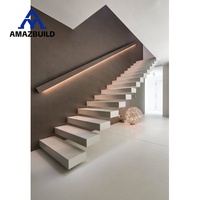 Escalier flottant moderne AMAZBUILD pour villa avec garde-corps en verre trempé, éclairage LED, poutre dissimulée, escalier intérieur écologique