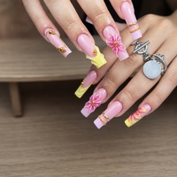 Faux ongles à presser 3D faits main en forme de fleur, couvrance totale, styles variés, décorations dorées, pour salon de beauté, vente en gros