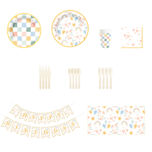 DAMAI Kids Happy Birthday Party Supplies Rainbow Macaroon Checkered Round Shape <b>Disposable</b> <b>Tableware</b> Paper Napkins Cups Plates - Product Image 5