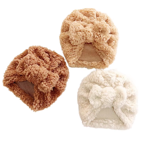 Vente chaude mignon nouveau-né bébé noeud <span class=keywords><strong>Turban</strong></span> arc confortable <span class=keywords><strong>laine</strong></span> d'agneau hiver chaud chapeau pour garçons filles doux bonnets - Product Image 1