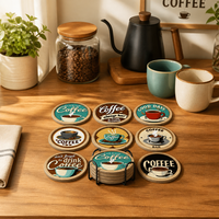 Ensemble de 9 sous-verres à café |   Sous-verre en contreplaqué peuplier avec incrustation acrylique, 2 couches |   Décoration de table pour café, bar, cuisine, bureau |   Cadeau personnalisable