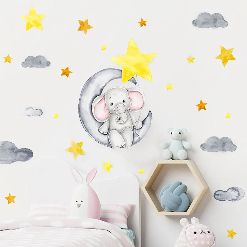 Elephant Sitting on the Moon Cartoon Wall stickers Star Cloud decal Baby's Room Cartoon decal Kindergarten Nursery Home decor