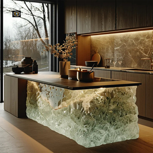 Encimera de Barra de Cocina con Cascada, de Piedra Translúcida de Resina de Cuarzo Cristal Verde Iluminado - Product Image 5