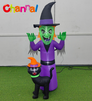 Sorcière gonflable d'Halloween avec chat noir, robe violette gonflable, chapeau de sorcière, lumière LED, décoration de jardin d'Halloween