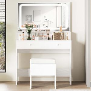 Juego de <span class=keywords><strong>tocador</strong></span> blanco con espejo iluminado con LED, 4 cajones, taburete incluido Juego de <span class=keywords><strong>tocador</strong></span> de maquillaje para dormitorio de <span class=keywords><strong>niñas</strong></span> - Product Image 1