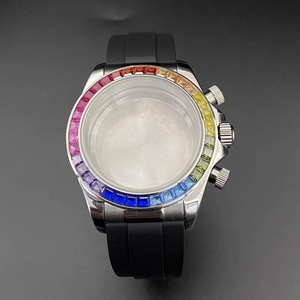 Montre avec boîtier en acier de 39 mm, <span class=keywords><strong>lunette</strong></span> sertie de diamants colorés, chronographe VK63, bracelet en caoutchouc à motif <span class=keywords><strong>bois</strong></span> - Product Image 1