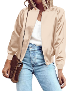 Women's Winter Bomber Jacket with Stand Collar Knitted Breathable Canvas Full Front <b>Zipper</b> and Comfortable Fit - Product Image 1