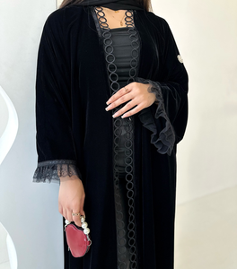 Abaya Musulmana di Lusso Personalizzata con Bordo in Pizzo per <span class=keywords><strong>Donna</strong></span>, Modello Aperto Nero con Dettaglio Circolare, Abito <span class=keywords><strong>Musulmano</strong></span> Femminile 2025 Dubai - Product Image 5