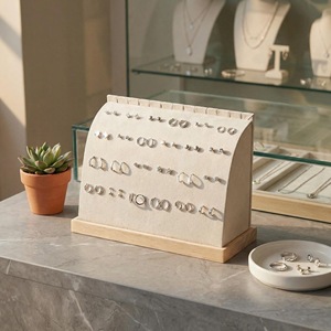 Earrings Display Stand 21x9x15.8cm Off White Velvet Wood Base Light Luxury Jewelry Organizer Case Display - Product Image 1