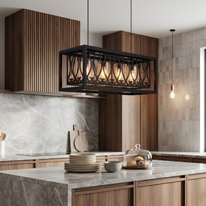 Lámpara colgante rectangular de hierro con diseño Verona Scrollwork de 4 luces, lámpara colgante de metal negro y vidrio - Product Image 3