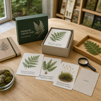Cartes d'apprentissage personnalisées sur le thème de la forêt, de la fougère et du mousse, écologiques, durables, en papier couché 300 g/m², avec pelliculage mat, dans une boîte cadeau rigide pour les écoles