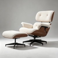 Fauteuil de détente moderne HR-1009-2 en bouclette avec repose-pieds, structure en contreplaqué courbé, base pivotante en aluminium, fauteuil de luxe pour la maison et l'hôtel