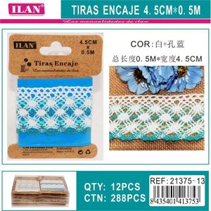 Cinturini in pizzo Ilan 4,5 cm x 0,5 m bianchi e blu per lavori artigianali - Product Image 3