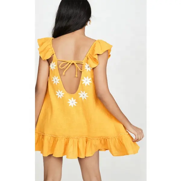 Eye Catching Golden Yellow Girls Daisies Floral Embroidered Tunic Stunning Ladies Flutter Sleeve Scoop Neck Sexy Back Mini Dress