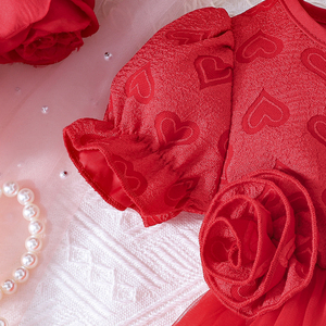 Cute <b>Sweet</b> Girl's Knee-Length Short Sleeve Comfortable Breathable Floral Heart Pattern Children's Party Dress - Product Image 4