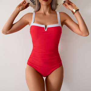 Maillot de bain une pièce pour femmes, col en V, bordure contrastée, extensible, pour la natation et les sports nautiques - Product Image 4