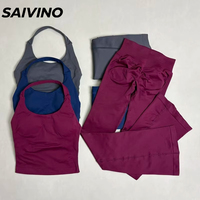 T0902 Ensemble de sport 2 pièces : Débardeur dos nu sans couture pour la gym et Leggings évasés de yoga effet push-up pour la course et l'entraînement