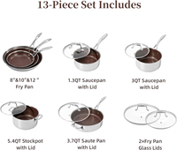 Ensemble de casseroles antiadhésives en acier inoxydable triple couche, 13 pièces, couvercles en verre, compatible induction et gaz, passe au lave-vaisselle et au four