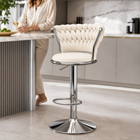 Tabouret de bar de cuisine de luxe moderne en velours gris avec dossier tissé, hauteur réglable et base pivotante en métal doré