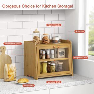 กล่องเก็บขนมปังไม้ไผ่สองชั้นพร้อมประตูกระจกสำหรับใช้ในครัวเบเกอรี่ - Product Image 2