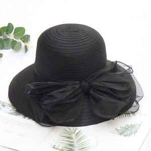 Organza Church Fascinator Wedding Tea Party Derby <span class=keywords><strong>Sombreros</strong></span> para mujer Flor de ala ancha Sombrero para el sol con cinta de satén - Product Image 6