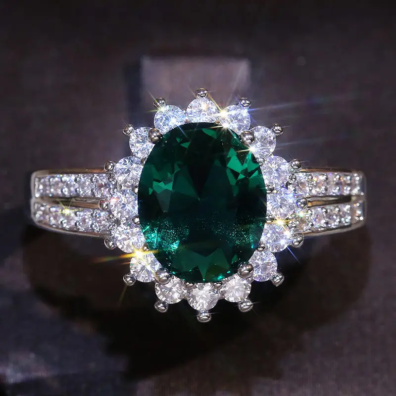 Anneaux de pierres précieuses Bague de fiançailles de mariage émeraude simulée Vente en gros Classique pour femmes Style Royal Vert Argent Romantique Gratuit 3pcs