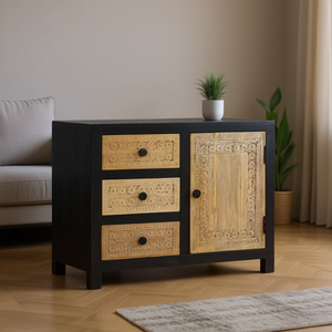 Solid Mango Wood <b>Side</b> Cabinet With 3 Drawers And 1 Door Rustic Storage Living Room Furniture - Product Image 2