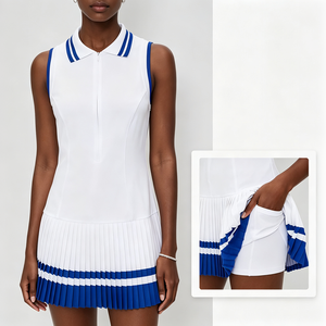Abito sportivo da <span class=keywords><strong>donna</strong></span> a mezza zip con gonna a pieghe, pantaloncini anti-esposizione integrati, a righe, con tasche laterali - Product Image 4