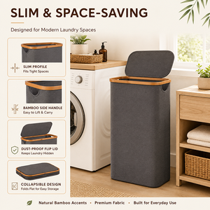 Cesto per Bucato Sottile e Alto Pieghevole con Bordo in Bambù e Coperchio Ribaltabile, in Tessuto Idrorepellente, per Bagno Piccolo o Dormitorio - Product Image 2