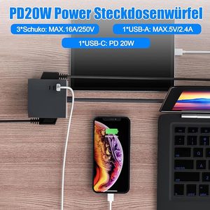ปลั๊กไฟ AC 3 ช่อง พร้อมเต้ารับ 3 ช่อง 2 USB-A 1C PD 20W สายยาว 1.5 เมตร ปลั๊กมาตรฐาน EU 16A ปลั๊กต่ออเนกประสงค์สำหรับชาร์จ - Product Image 5