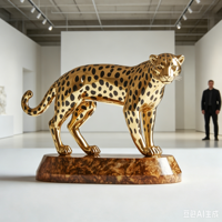 Sculpture géante en fibre de verre Léopard Doré - Statue artistique électroplaquée sur mesure - Sculpture animale grand format pour intérieur/extérieur - Imprimée en 3D