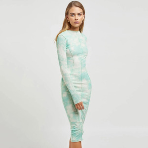 Robe midi à manches longues à col rond imprimée vert bleu, tenue décontractée pour tous les jours - Product Image 2