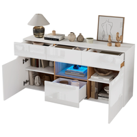 Buffet de salon blanc et bois avec 4 tiroirs et éclairage LED, design élégant, armoire élégante