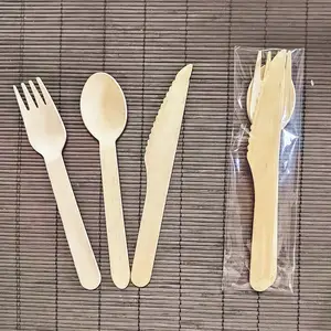Eco Friendly Durable And Tree Wooden Forks Spoons Knives Disposable Utensils Cutlery With Strengthen Handle