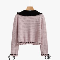 Quantité minimale de commande bas personnalisé femmes pull en tricot à manches longues col claudine dames pull cordon évider bouton femmes tricot Cardigan