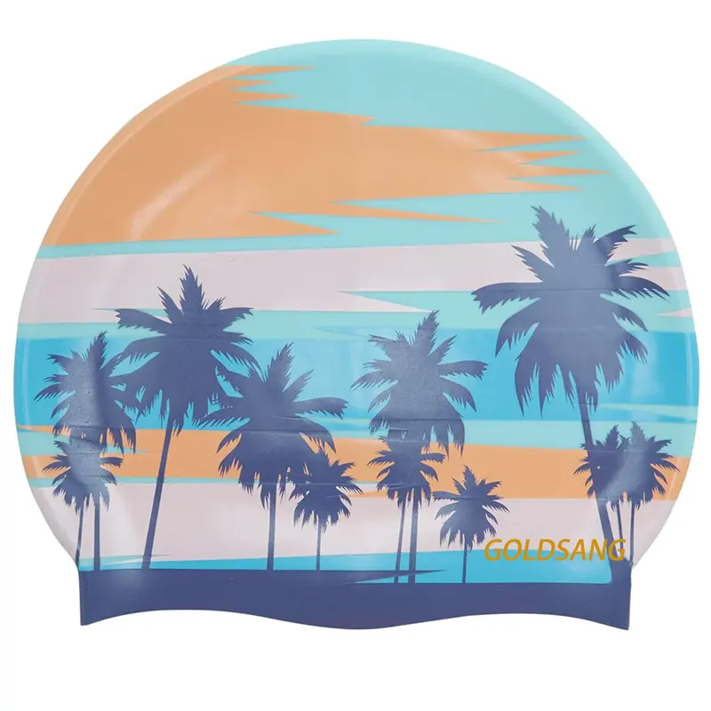 high quality most popular 50g silicone swim hats adult screen printing swimming cap custom and printed palm tree swim cap