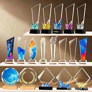 Plaque de récompense en métal et résine avec logo gravé au laser et impression UV personnalisée, trophée en cristal K9 avec base en bois pour les souvenirs d'entreprise et sportifs - Product Image 1