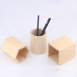Wooden Pen Holder Pine Square Round Office Desk Storage For Pencils And Pens - Product Image 2