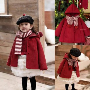 Tongxingyuan Red Hooded Wool <b>Coat</b> For Girls Thick <b>Winter</b> Outerwear With Pom Poms Christmas Outfit - Product Image 4