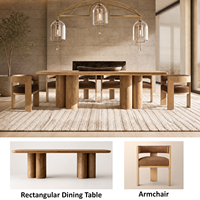 Ensemble de salle à manger rectangulaire en chêne rustique et moderne avec six pieds cylindriques et chaises en cuir pour hôtels de charme et résidences privées