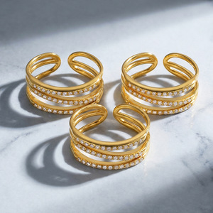 Cross Border Minimalist Design Micro Inlaid Lab Created Stones Three Layer Open Stainless Steel Gold Plated Fashion Unisex Ring - Product Image 3