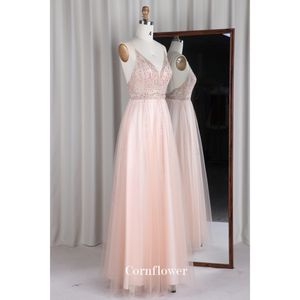 Robe de soirée moderne et élégante en tulle, jupe droite champagne, col en V profond, bretelles spaghetti, longueur au sol, perle, <span class=keywords><strong>gaine</strong></span> en pierre chaude - Product Image 2