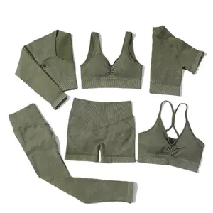 Hot Sale Damen 6-teilige Acid Wash Yoga-Sets Gerippte nahtlose gestrickte Workout Sport Gym Laufset Butt Lift Athletic Set