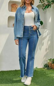 Chaqueta Camisera de Mezclilla para Mujer, Corte Holgado, con Botones, Estilo Utilitario, Hombros Caídos, Nylon/Algodón - Product Image 4