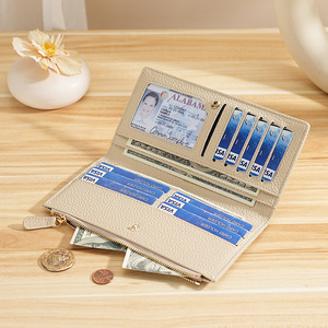 Portefeuille pour femmes en cuir véritable, grande capacité, avec fermeture éclair longue, blocage RFID, porte-cartes - Product Image 3